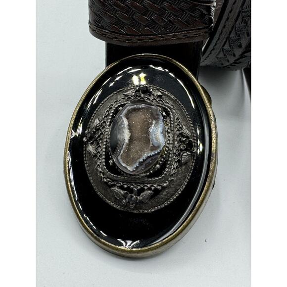 Allison Daniel Designs Brown Tooled Leather Belt Black Brown Geode Buckle Sz 36 - Picture 2 of 8
